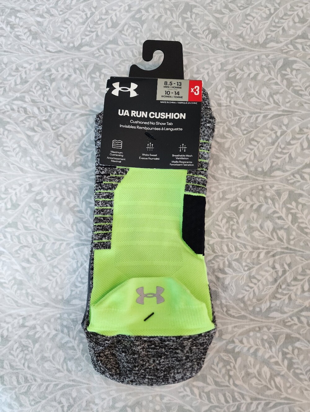 NEW! Under Armour UA Run Cushion No Show Tab Socks 3-Pack, W 10-14/M 8.5-13